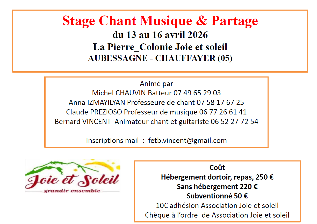 Stage chant musique et partage à la colonie Joie et Soleil