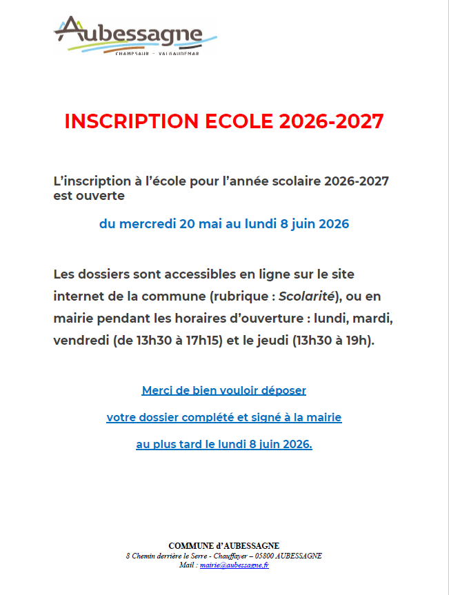 Inscriptions scolaires 2026-2027
